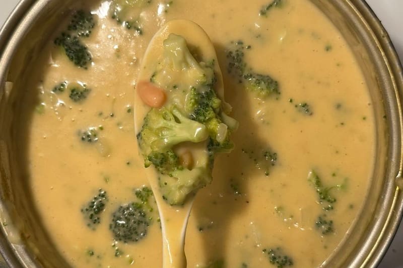 Cheesy Broccoli Soup plated and ready to serve