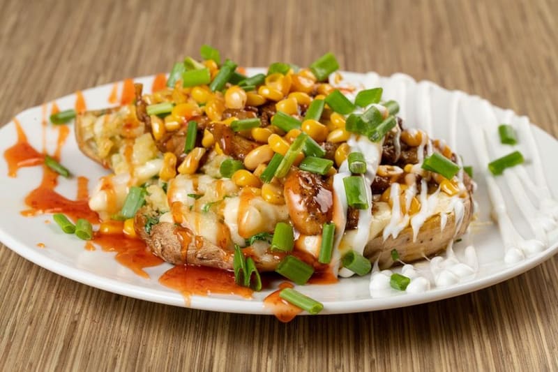Loaded Baked Potato Skins plated and ready to serve
