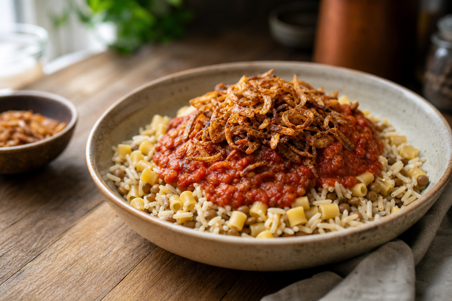 Egyptian Koshari plated and ready to serve