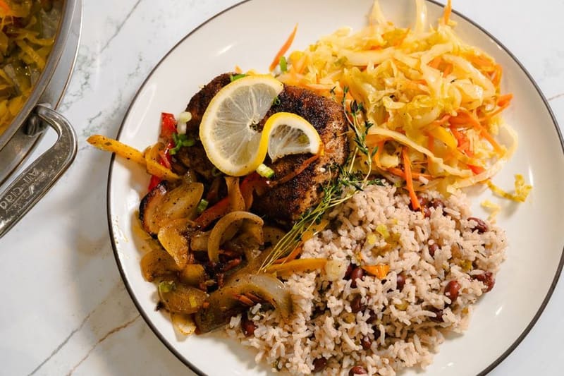 Jamaican Rice and Peas plated and ready to serve
