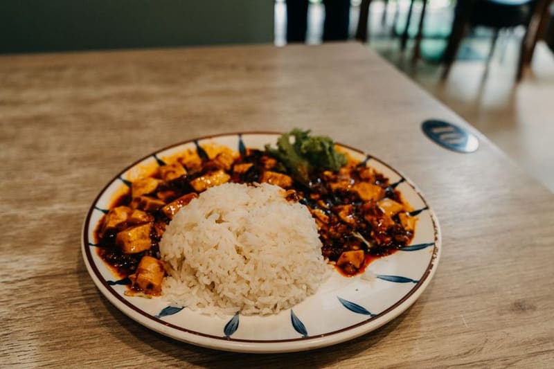 Chinese Mapo Tofu plated and ready to serve