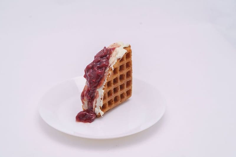 Belgian Waffle Bread Pudding plated and ready to serve