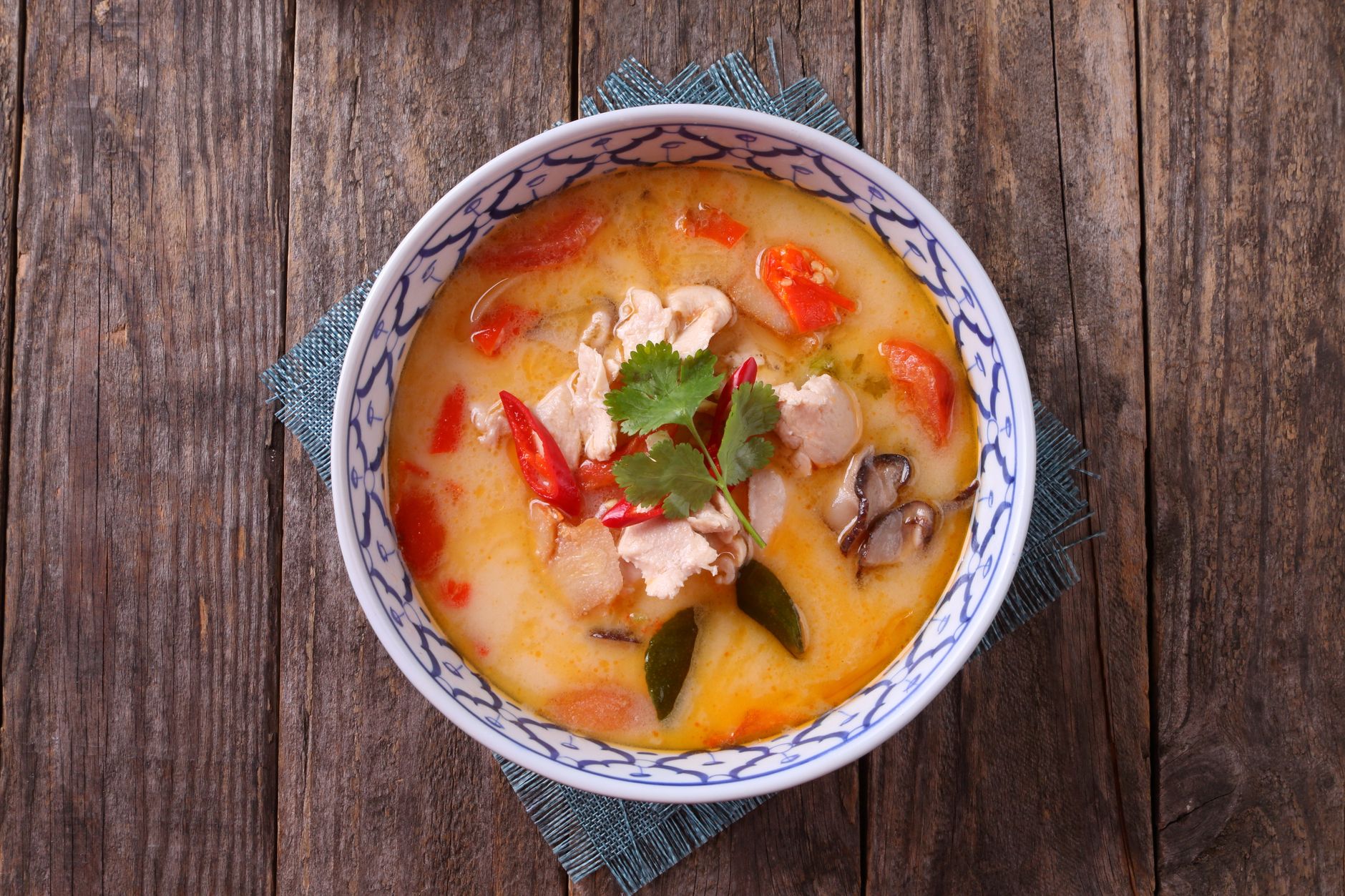 Thai Tom Kha Soup plated and ready to serve
