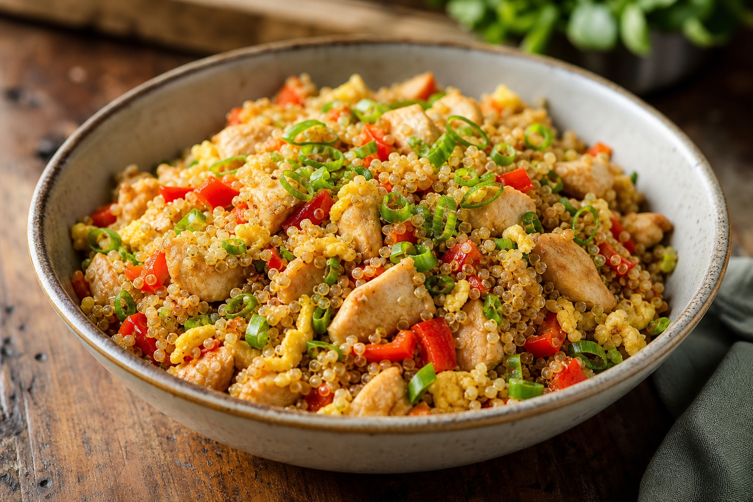 Peruvian Quinoa Chaufa plated and ready to serve