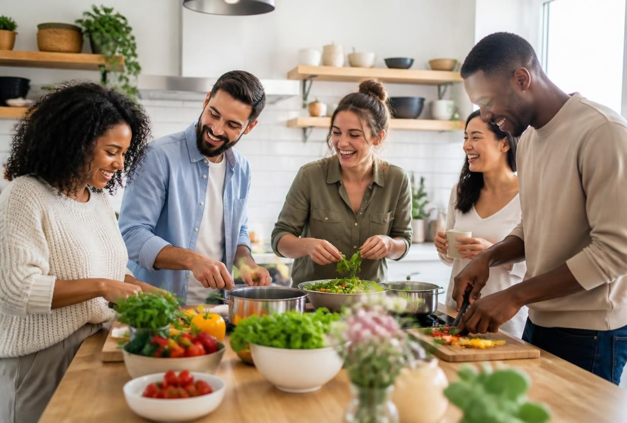Happy friends cooking together in a bright modern kitchen
