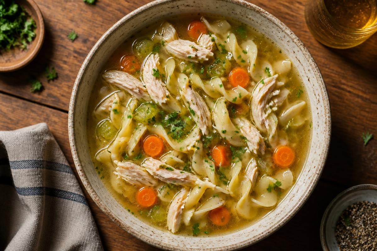 Leftover Turkey Noodle Soup plated and ready to serve