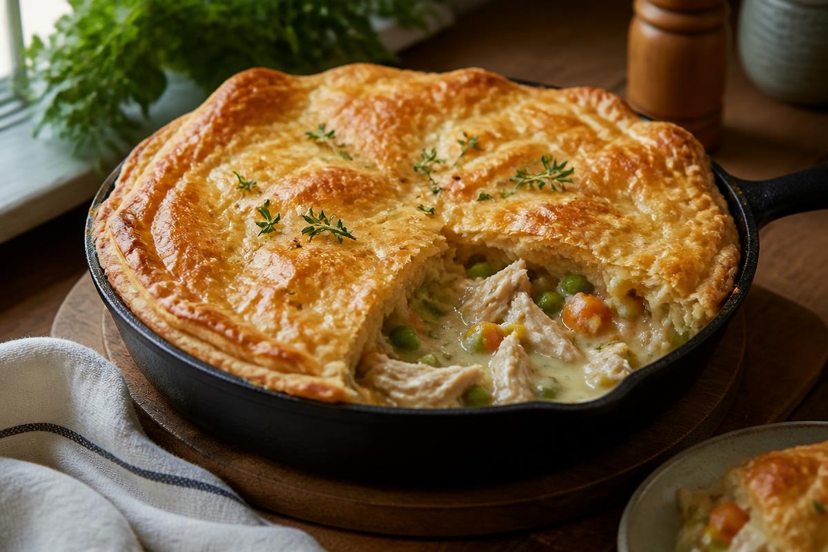 Skillet Leftover Turkey Pot Pie plated and ready to serve